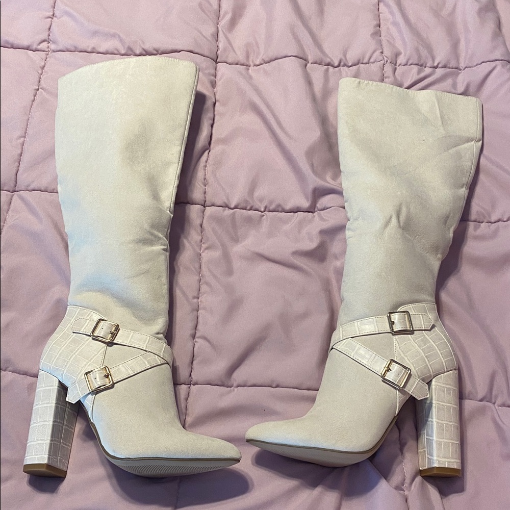 JustFab Cream Heeled Boots with Buckle Detail